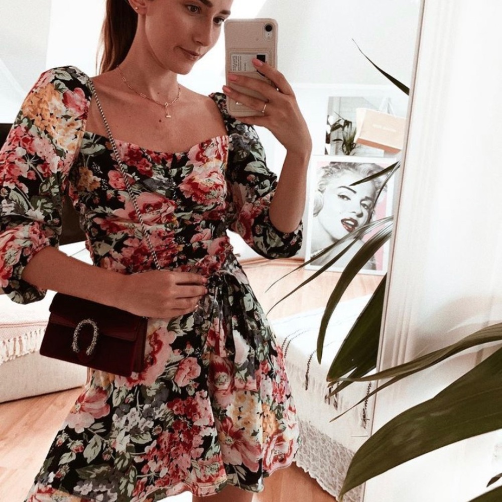ZARA Black Floral Print Blouse & Skirt Set XS